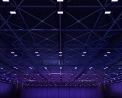 فوتیج طراحی سقف خالی متحرک برای ماکت و هویت سازمانی، نمایش. پرده سبز صحنه در سالن. صفحه خالی برای منابع گرافیکی. صحنه پردازی با چراغ شب LED برای رویداد. حلقه انیمیشن 4k. رندر سه بعدی. ویدیوی استوک