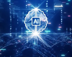 مفهوم فناوری هوش مصنوعی (AI). جمع‌آوری کلان‌داده‌ها برای یادگیری عمیق ماشینی با مغزهای هوشمند مرتبط می‌شود. چندضلعی‌های کد دودویی انتزاعی در پس‌زمینه آبی تیره. ویدیوی استوک