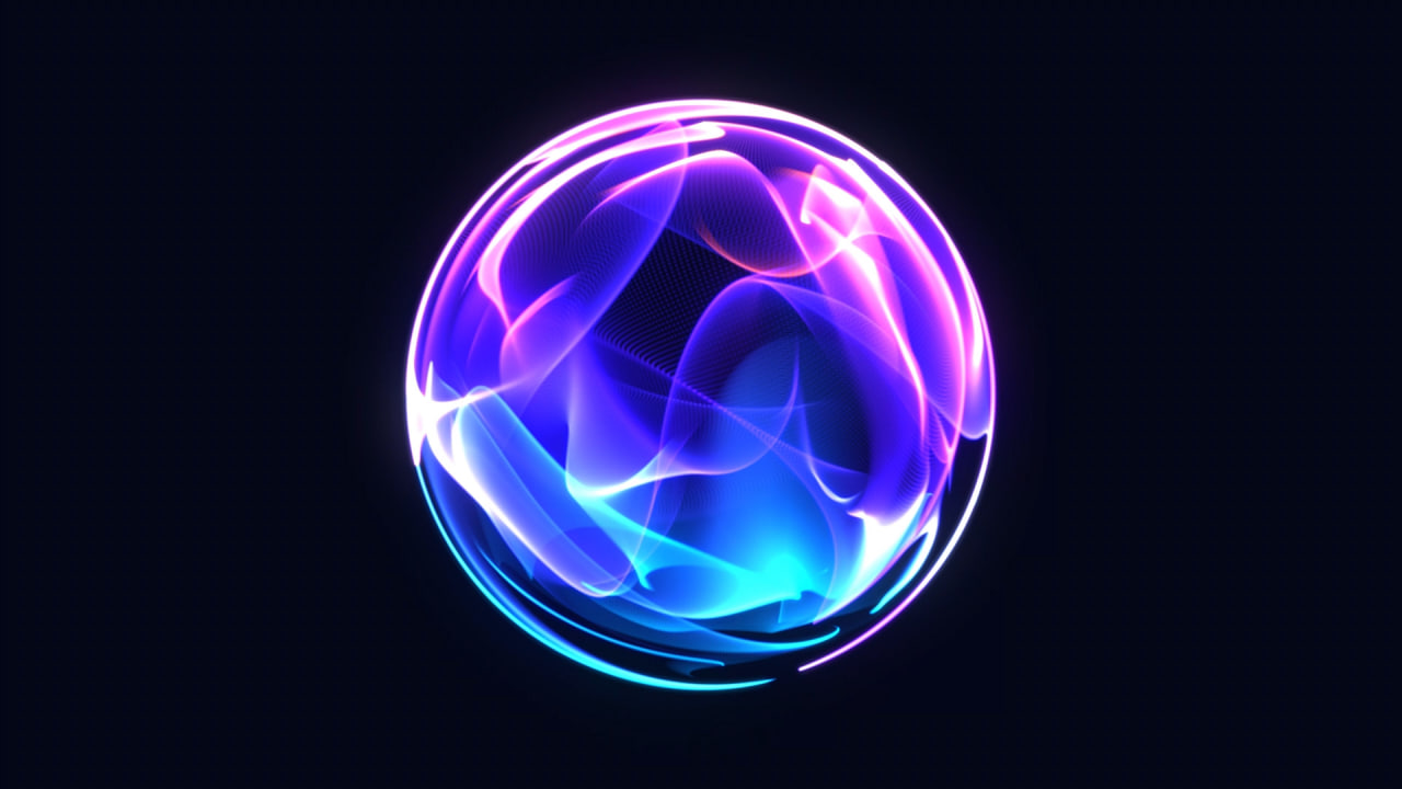 فوتیج کره سهبعدی ذرات درخشان و پر جنب و جوش در جهان. پسزمینه انتزاعی فناوری، علم، مهندسی و هوش مصنوعی. گوی انرژی موج متحرک. مفهوم دستیار مجازی. ویدیوی استوک