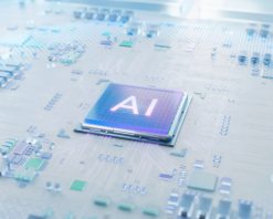 میکروچیپ شتاب‌یافته هوش مصنوعی شیشه‌ای رنگارنگ آینده‌نگر که به یک متصل شده و کل سیستم را تغذیه می‌کند. اتصال CPU با مادربرد سفید با اجزای شیشه‌ای رنگارنگ. تراشه، برد مدار را فعال می‌کند. ویدیوی استوک