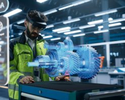 فوتیج مهندس کارخانه خودروسازی با استفاده از هدست واقعیت افزوده در یک مرکز مدرن با بازوهای رباتیک خودکار در یک کارخانه مونتاژ. متخصص در حال تجزیه و تحلیل و دستکاری یک مدل گیربکس مجازی با کیفیت