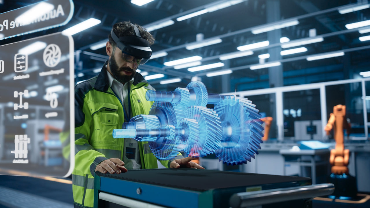 فوتیج مهندس کارخانه خودروسازی با استفاده از هدست واقعیت افزوده در یک مرکز مدرن با بازوهای رباتیک خودکار در یک کارخانه مونتاژ. متخصص در حال تجزیه و تحلیل و دستکاری یک مدل گیربکس مجازی با کیفیت