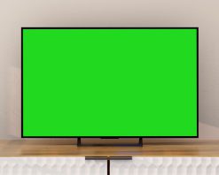 تلویزیون هوشمند با صفحه نمایش سبز برای کروماکی. ماکت نمایشگر تلویزیون خالی با صفحه نمایش سبز برای کروماکی روی رنگ سفید پس زمینه اتاق. ارائه شیء جدید خانه با نمای افقی ویدیوی استوک