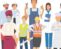 گروهی از افراد با مشاغل مختلف که همگی در کنار هم در پس‌زمینه سفید ایستاده‌اند. در مشاغل و حرفه‌های متنوع کار می‌کردند. ویدیوی استوک انیمیشن کارتونی