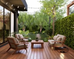 انیمیشن تراس چوبی کوچک به سبک مدرن معاصر با نمای باغ، رندر سه بعدی، ویدیوی استوک