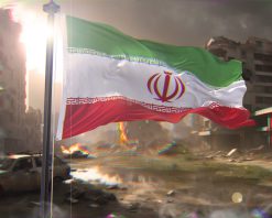 ویدیوی استوک 4K از پرچم ایران و پس‌زمینه جنگ که شهر را ویران کرده است