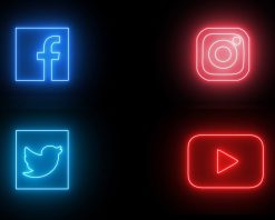 مجموعه آیکون‌های نئونی رسانه‌های اجتماعی. آیکون فیسبوک، اینستاگرام، توییتر و یوتیوب با نئون و چراغ‌های LED درخشان. ویدیوی استوک 4K
